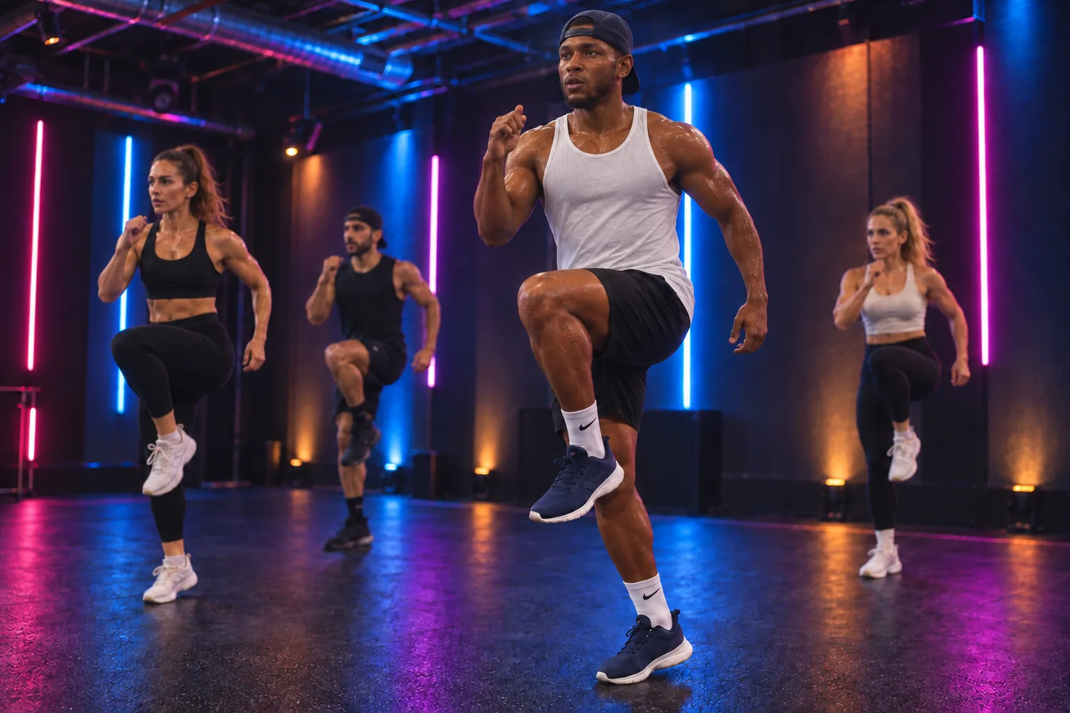 Mann im weißen Tanktop und drei weitere Teilnehmende beim BodyAttack mit angehobenen Knien in einem dunklen Kursraum mit blauen und pinken LED-Leisten.