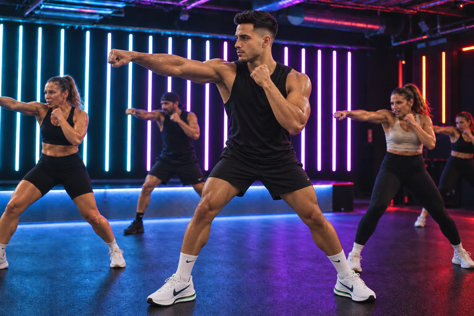 Muskulöser Mann im dunklen Tanktop beim BodyCombat-Fauststoß, umgeben von weiteren Teilnehmenden in einem dunklen Kursraum mit farbigen LED-Leisten.