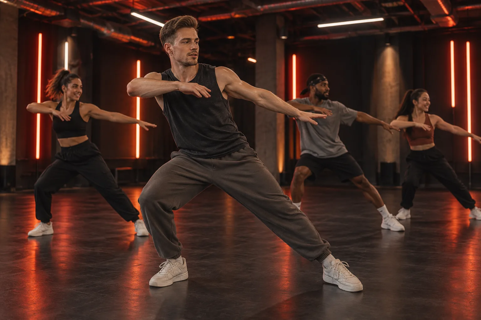 Mann bei einer dynamischen Tanzkombination mit seitlich geführten Armen.