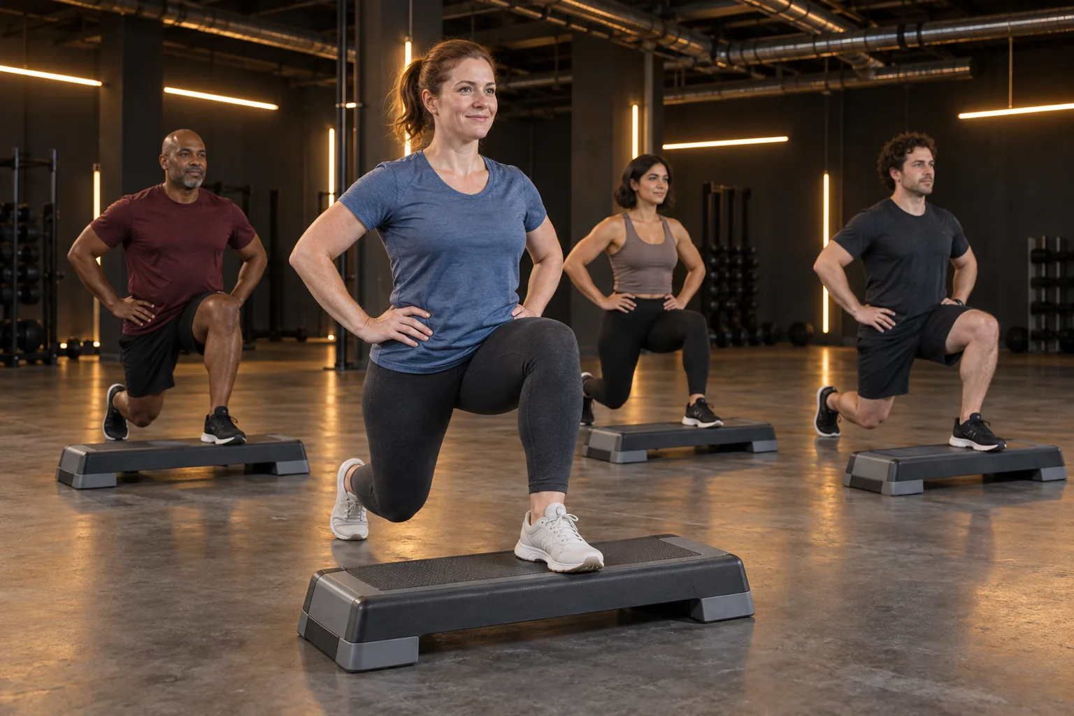 Mann beim Step-Aerobic mit einem Fuß auf der Plattform und angehobenem Knie.