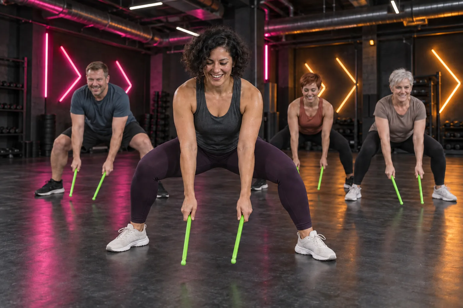 Gruppe in breiter Kniebeuge mit grünen Fitness-Drumsticks.
