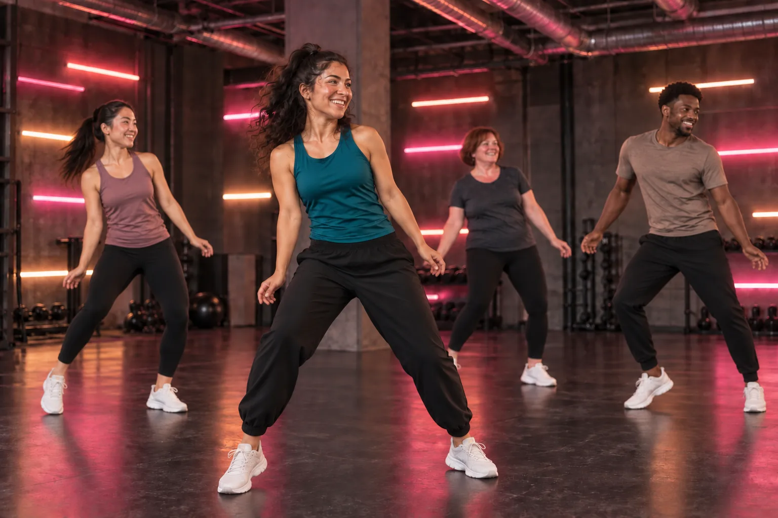 Gruppe beim Tanztraining mit diagonal ausgestreckten Armen.